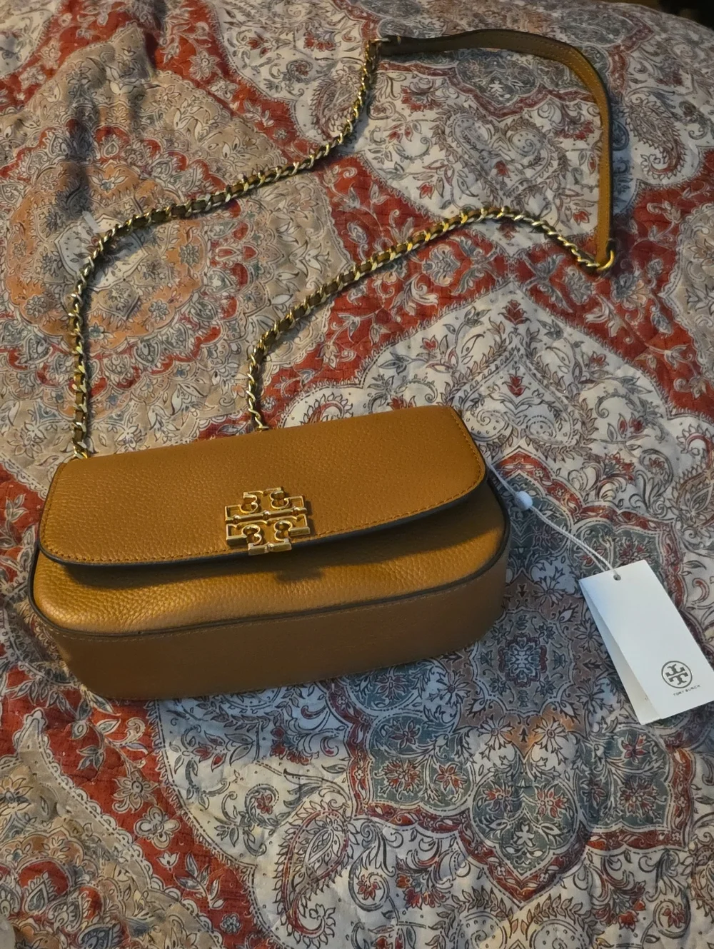 Tory Burch Tan Pebbled Leather Chain Crossbody with Gold Hardware